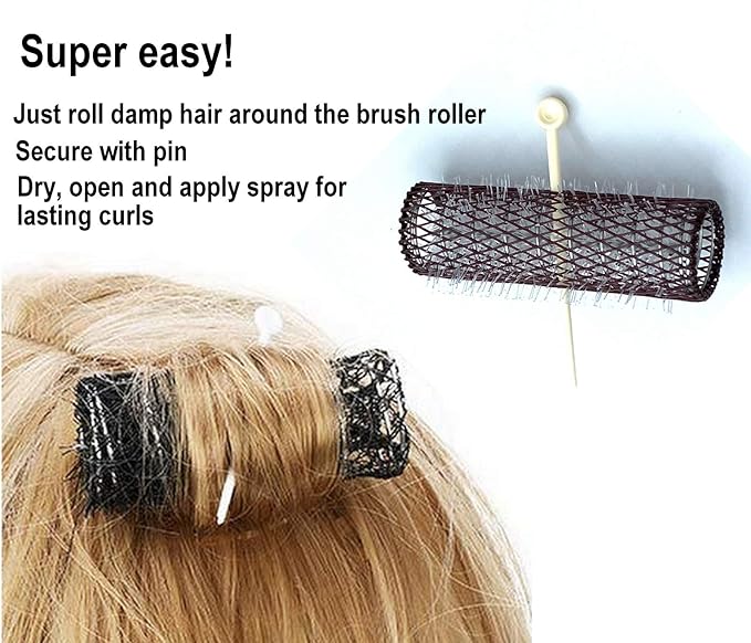 ALAZCO 14 pc Vintage Style Hair Roller Medium BRUSH ROLLERS & PINS Mesh Hair Curlers With Bristles 2.5"x 3/4", with Flexible Locking Pins