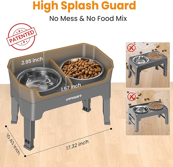URPOWER 3-in-1 Elevated Dog Bowls - Mess Proof Double Deck 4 Height Adjustable Raised Stand with 2 Stainless Steel Food Bowls and Licking Plate for Small Medium & Large Dogs