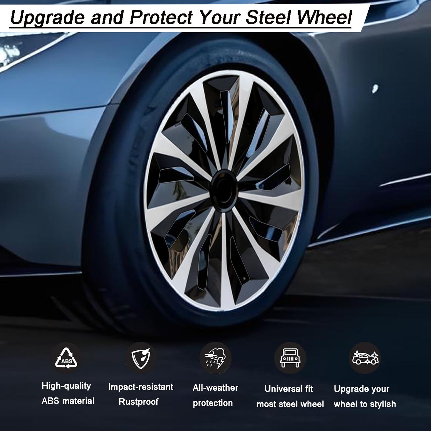 Hubcap Wheel Covers Replacement Size R15 Hub Caps Universal-Fit Steel Wheel Rims Cover ABS Tire Cap for Most Cars Trucks Sedans SUV -Set of 4（15-inch，Silver-Black）