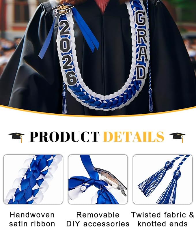 ALKB 2026 Graduation Lei Set - Two-Tone Braided Ribbon with Honor Cord, Unisex Graduation Gift for Graduates, Polyester