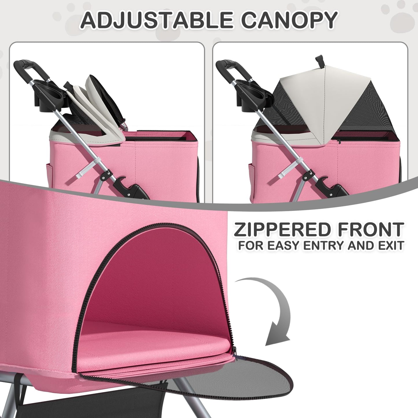 MoNiBloom 3 in 1 Foldable Pet Stroller for Small & Medium Dogs, Detachable Carrier, Car Seat, Push Button Entry, 4-Wheel Jogger for Pets up to 33 lbs, Pink