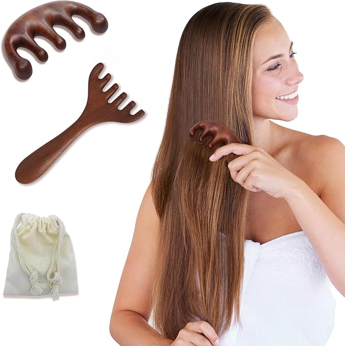 2 Pack Wooden Scalp Massage Tool, Sandalwood Manual Scalp Massager Wood Comb, Head Gua Sha Brush for Women Men Hair Growth