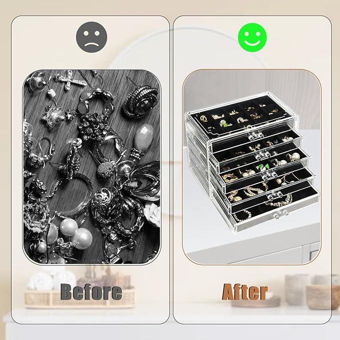 5 Drawers Clear Jewelry Box for Women and Girls, Acrylic Earring Holder Organizer Ring Holder Display Storage, Black