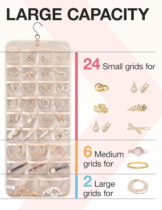 BAGSMART Hanging Jewelry Organizer Storage Roll with Hanger Metal Hooks Double-Sided Jewelry Holder for Earrings, Necklaces, Rings on Closet, Wall, Door, 1 piece, Large, Beige