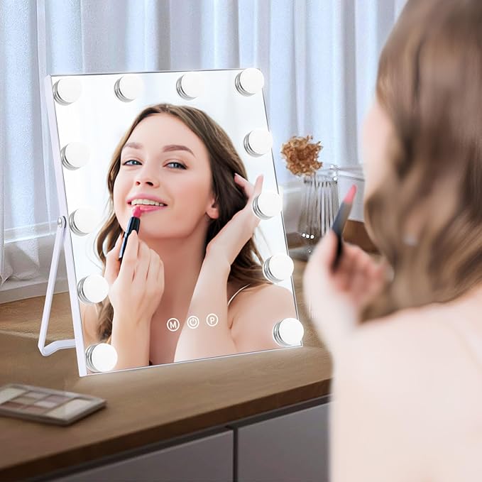 Makeup Mirror, Vanity Mirror with Lights, Hollywood Mirror with 12 Dimmable Bulbs, 3 Color Modes and 12 Dimmable Bulbs, Smart Touch Control, Gifts for Her, Dorm Room Essentials