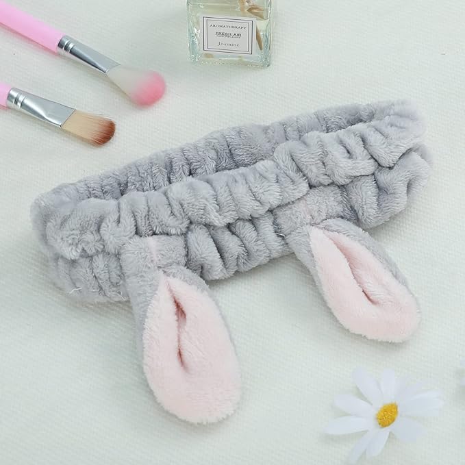 4 Pack Elastic Makeup Headbands for Women, Girls' Soft Flannel Bunny Ears Headbands Head Wraps, SPA Headband Hair Band for Washing Face