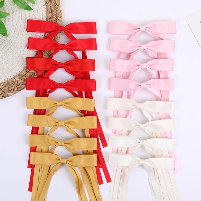 Hair Bows Clips Coquette Ribbon Bowknot with Long Tail Princess Hair Bows French Barrettes Hair Accessories for Women Girls 16PCS (redÃ¯Â¼ÂCreamÃ¯Â¼ÂPinkÃ¯Â¼ÂYellow)