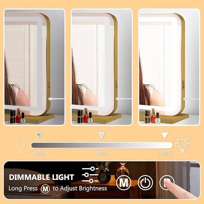 Vanity Mirror with Lights, Led Makeup Mirror, Lighted Makeup Mirror with 3 Color Dimmable Lights, Smart Touch Screen Control, Aluminum Metal Frame,USB Charging Port