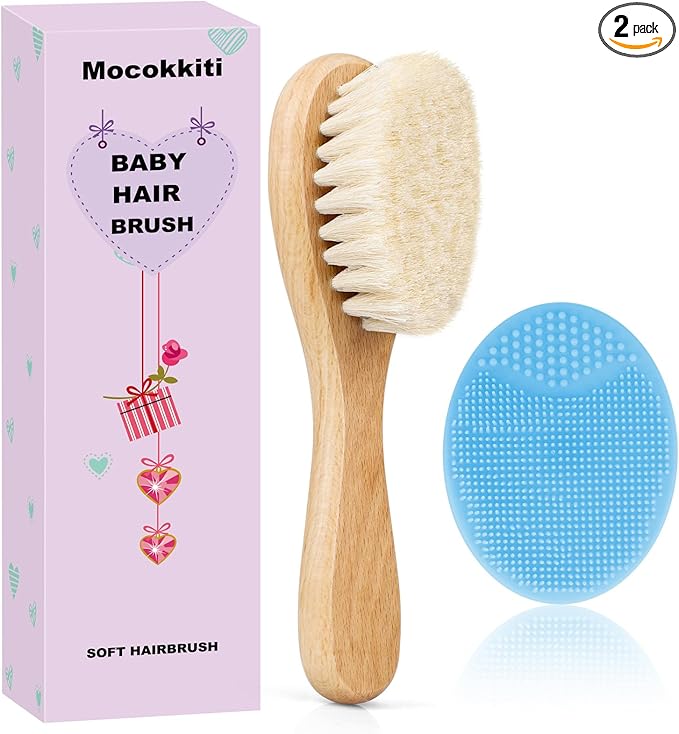 Baby Hair Brush, Mocokkiti Goat Bristles Brush and Baby Cradle Cap Brush Set for Cradle Cap Wood Bristle Brush for Newborns and Toddlers, Blue Silicone Brush (2PCS)