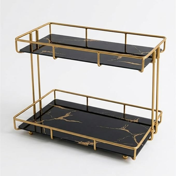 2-Tier Black Marble Bathroom Countertop Organizer Ã¢ÂÂ Glass Shelves & Gold Metal Frame, Stylish Vanity Storage Shelf for Perfume, Skincare, Makeup & Toiletries