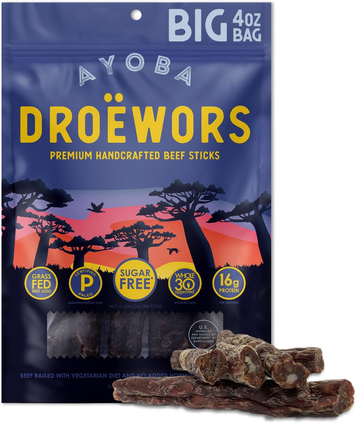 Ayoba Traditional Droewors Grass Fed Beef Paleo Sticks (4 Ounce, Pack of 1) - Keto Friendly, Air-Dried Beef Protein Snacks - Low Carb, Gluten Free, Nitrate Free, No Sugar, Meat Snacks