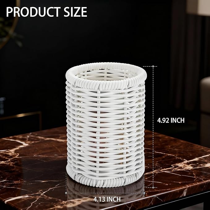 Rattan Jars, Car Storage Box, 4.13" x 4.92" Bathroom Essentials Accessories Decor, Round Vanity Storage Organizers, for Hair Accessories, Cotton Pads, Cotton Ball, Cosmetics, White (DP054)