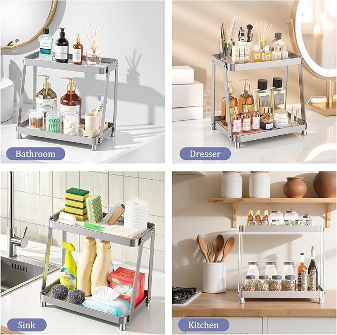 Bathroom Counter Organizer - 2-Tier Acrylic Makeup Organizer Countertop with Marble Tray, Perfume Organizer & Vanity Organizer, Bathroom Organizers and Storage for Skincare, Toiletries, Silver