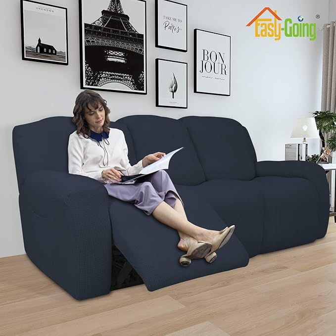 Easy-Going 8 Pieces Recliner Sofa Stretch Sofa Slipcover Sofa Cover Furniture Protector Couch Soft with Elastic Bottom Kids, Spandex Jacquard Fabric Small Checks Dark Blue