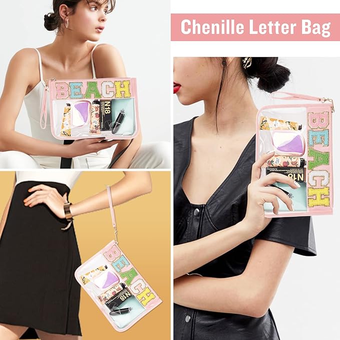 Izuzta Chenille Letter Clear Bag Beach Purse, Monogram PVC & PU Zipper Pouch with Wristlet, Waterproof Portable Glitter Snacks Makeup Toiletry Bag for Women Girls (BEACH-Pink)