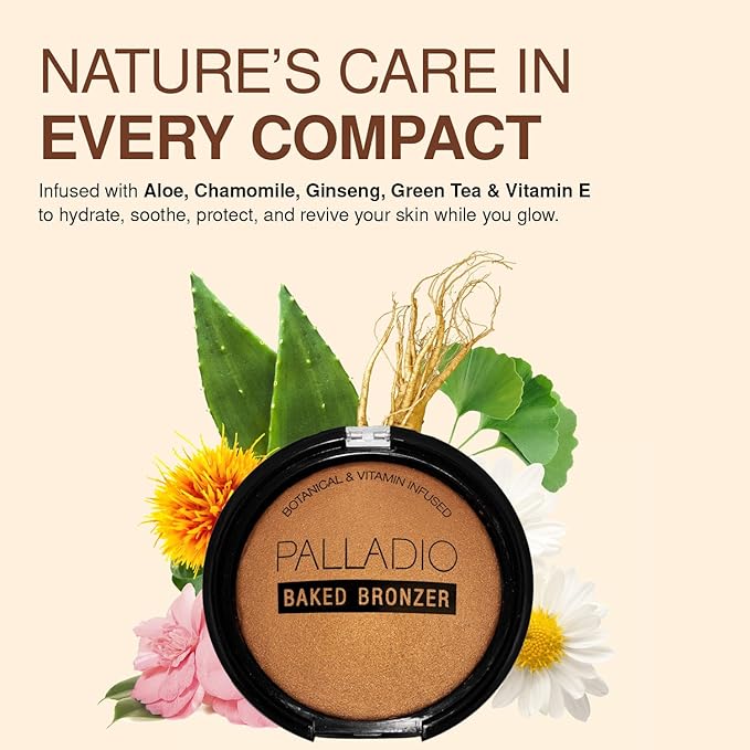 Palladio Baked Bronzer, Highly Pigmented and Easy to Blend, Shimmery Bronzed Glow, Use Dry or Wet, Lasts all day long, Provides Rich Tanning Color Finish, Powder Compact, Illuminating Tan