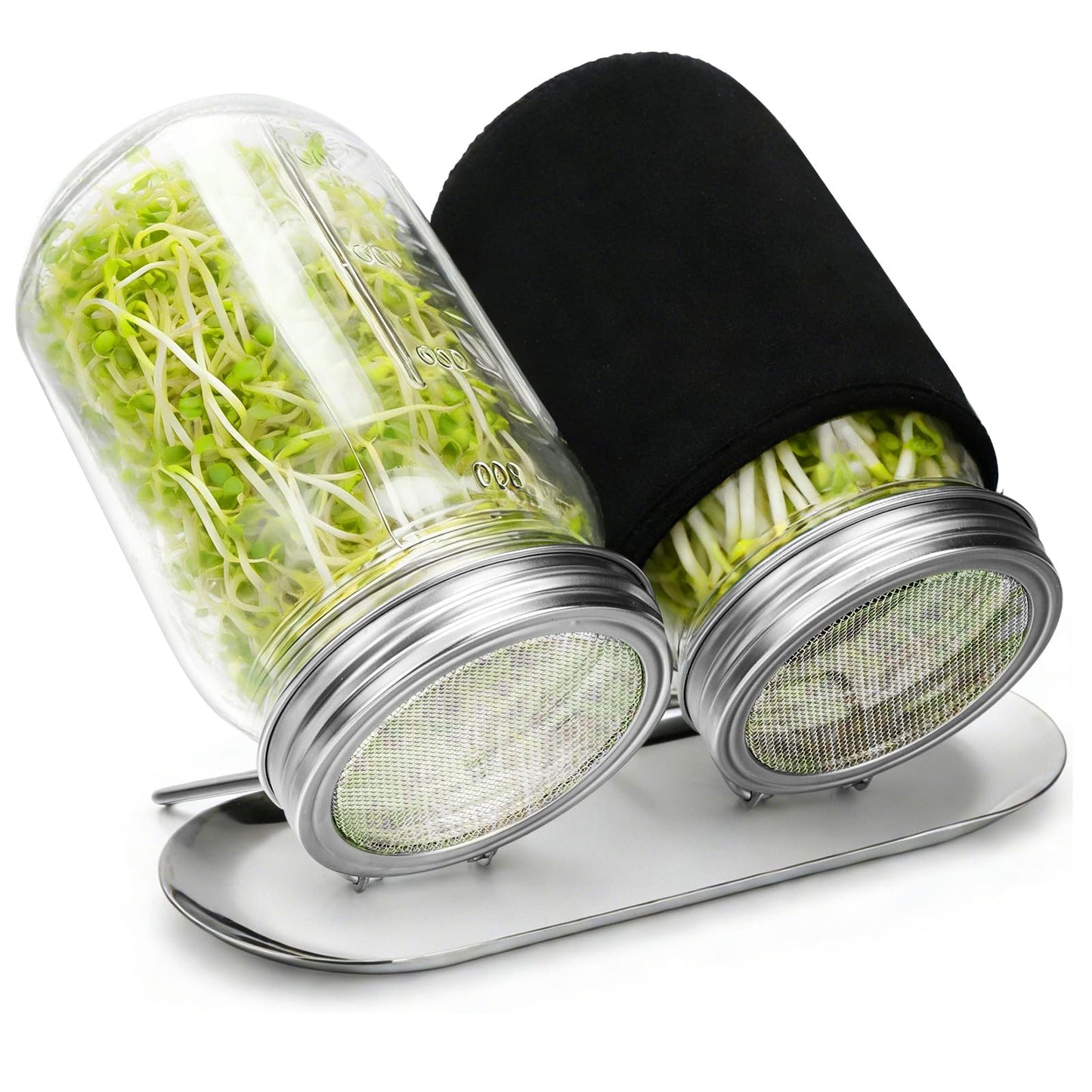 Palksky Sprouting Kit with Stainless Steel Screen Sprouting Lids & Glass Mason Jars & Light-Blocking Sleeves, 2Pack Premium Reusable Sprouts Growing Kit for Organic Broccoli Alfalfa Seeds Bean Sprouts