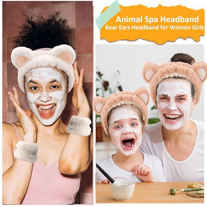 Bear Ears Spa Wristband Set - Cute Animal Skincare Headband for Washing Face - Fluffy Elastic Face Wash Hair Band for Women & Girls - Trendy Stuff (White Khaki)