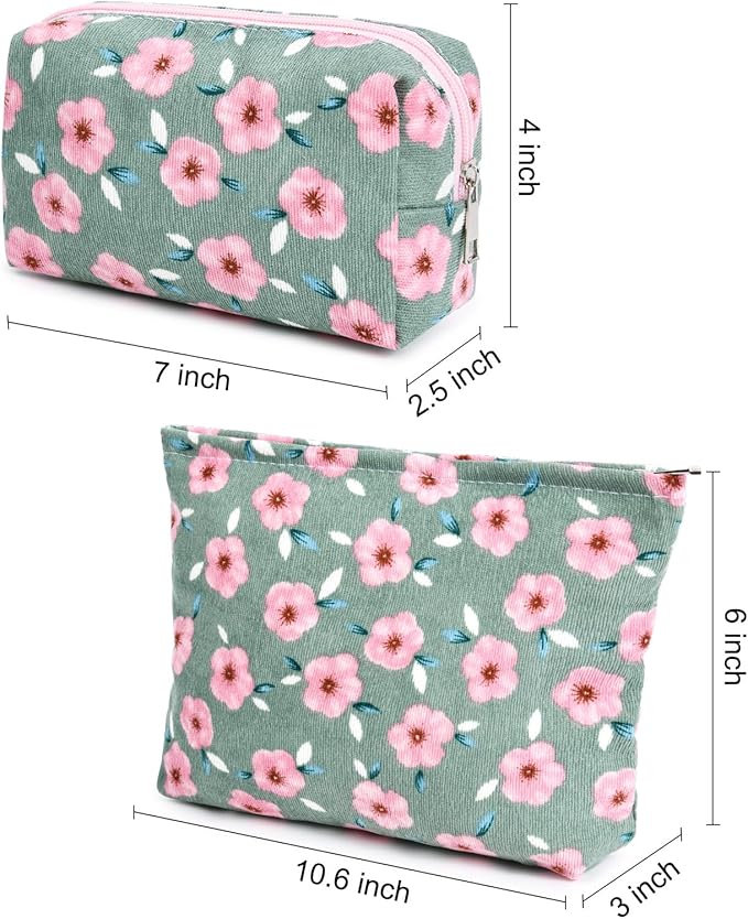 SOIDRAM 2 Pieces Sakura Makeup Bag Large Cosmetic Bag Capacity Canvas Mix Travel Toiletry Bag Organizer Cute Makeup Brushes Aesthetic Accessories Storage Bag for Women, Sakura Mix Green
