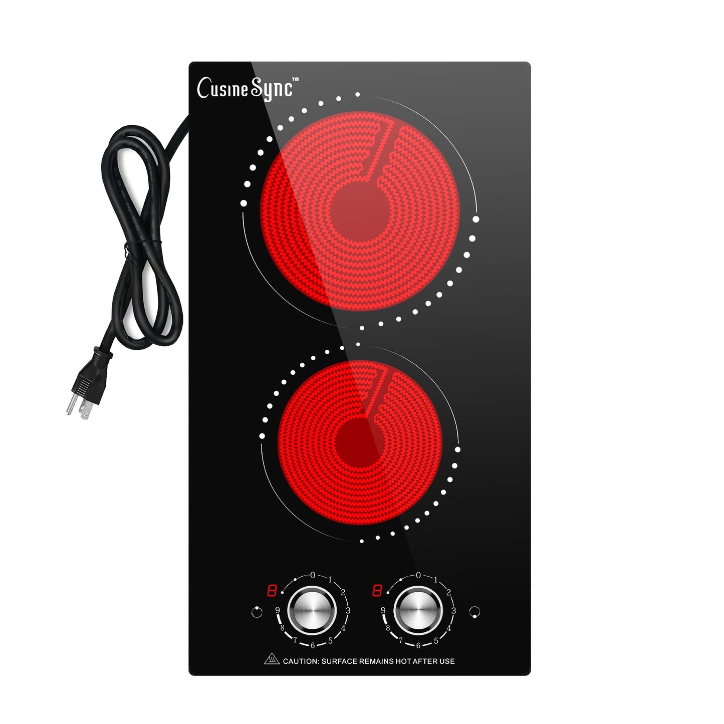 Cusinesync Portable Electric Cooktop 2 Burner 110V Plug in, 12 Inch 2000W Electric Stove Top with Knob Control, Countertop or Built-in Ceramic Hot Plate, for RV Dorm Apartment Kitchen Cooking