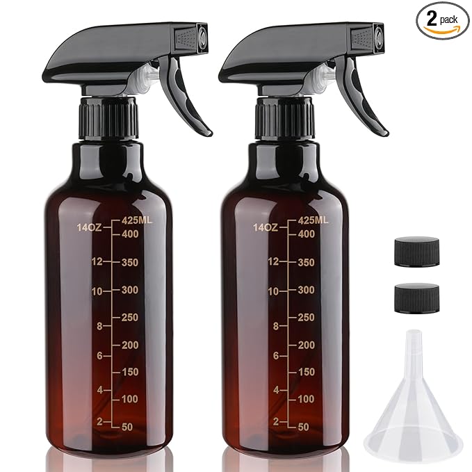 Plastic Spray Bottle 16.9oz Empty Spray Bottles Refillable Container Trigger Sprayer for Cleaning Solutions, Water, Plants, Pet, Essential Oils, Hair, 2 Pack (Amber-scale)