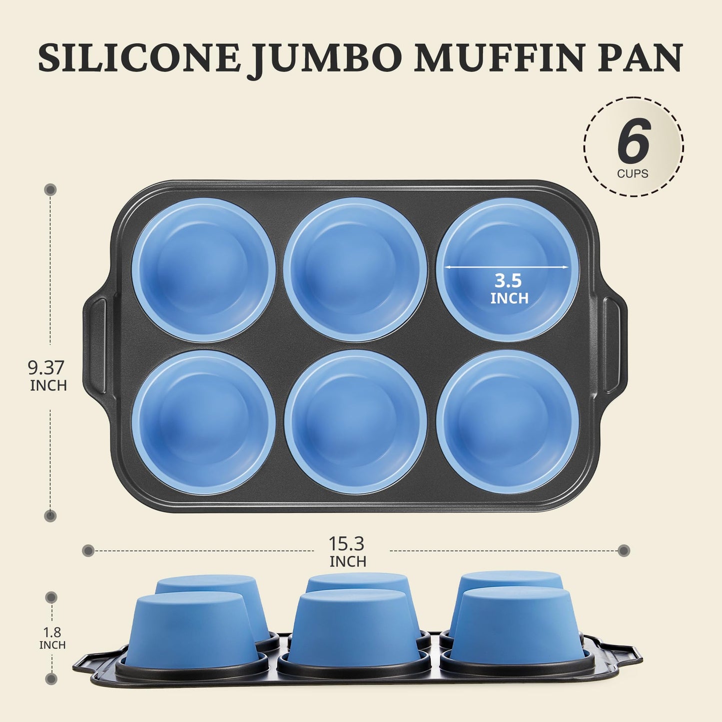 BRONYPRO Jumbo Silicone Muffin Pan with Metal Frame, 3.5" Large Muffin Tins, Non-Toxic Food Grade Silicone, Non-Stick for Egg Bites & Big Cupcakes, Oven Safe, Blue