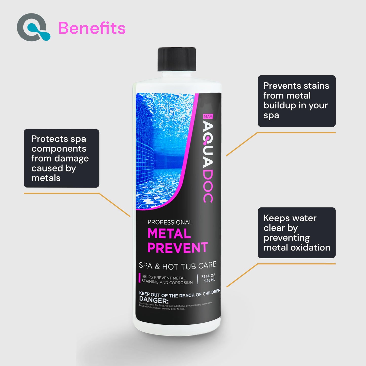 Spa Metal Control and Stain Protector to Protect Hot Tub Surfaces 32oz - Metal Gone Hot Tub Chemicals Made in The USA - AquaDoc