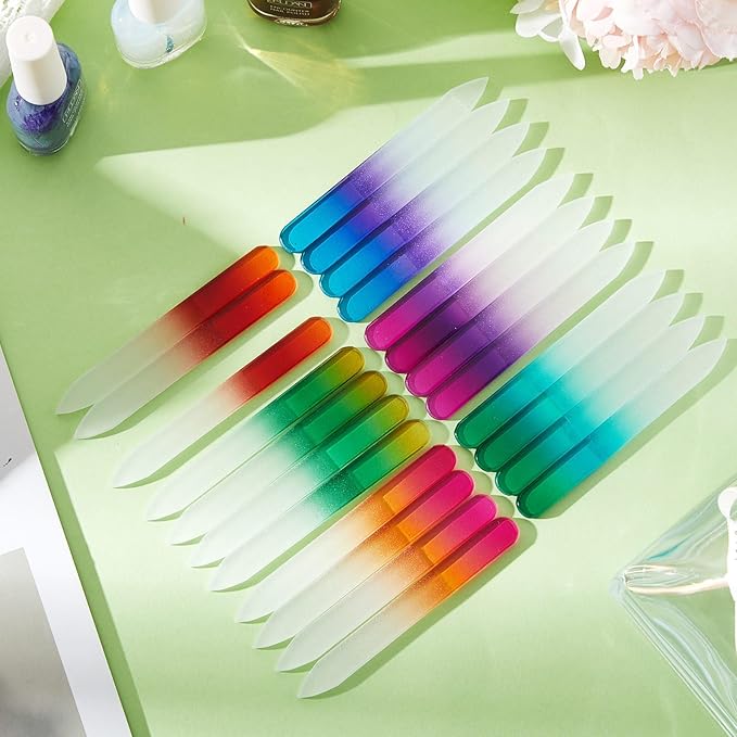 Mudder 24 Pack Mini Glass Nail File with Plastic Sleeve Small Crystal Files for Nature Czech Glass Nail Double-sided Fingernail Files for Travel Fine Grit Salon Valentine Gift Gifts(Gradient Color)