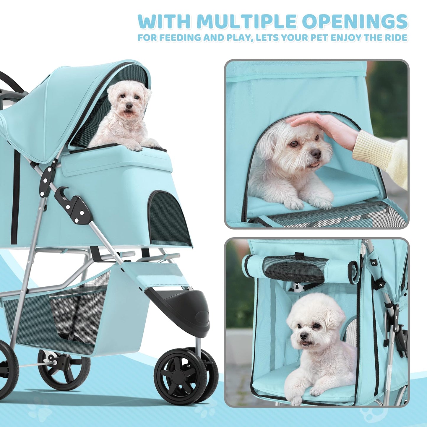 Magshion 3-Wheel Pet Stroller, Foldable Travel Jogger for Small & Medium Dogs & Cats (Up to 33lbs), Lightweight Carrier with Breathable Mesh Cover, Cup Holder & Storage Basket, Mint Green