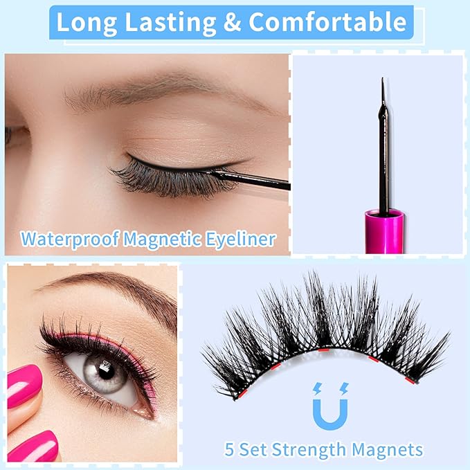 Magnetic Eyelashes Kit, Long Lasting and Reusable Magnetic lashes Natural Look, 14 Pairs False Eyelashes with Magnetic Eyeliner & Tweezers, Easy to Wear, No Glue Needed (14 Pairs)