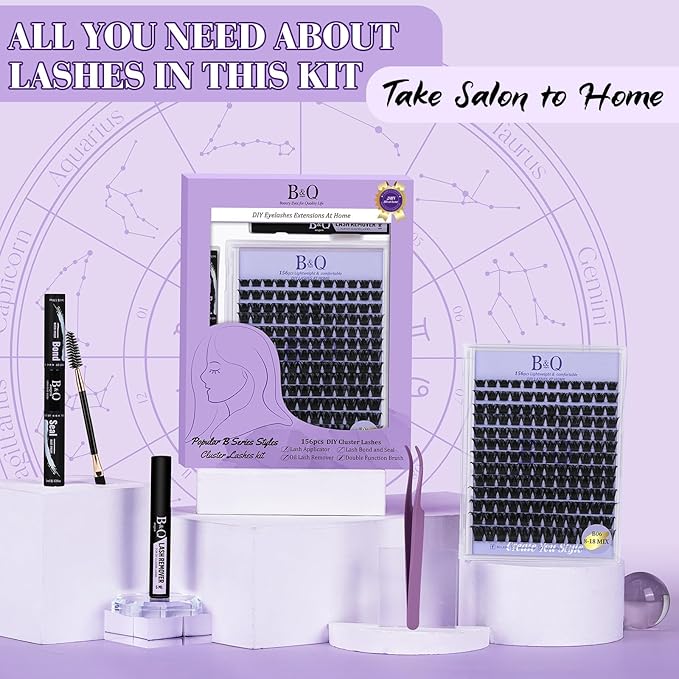 B&Q Wispy Lash Clusters Kit B06, DIY Lash Extension Kit 156PCS Eyelash Extension Kit, Soft Natural Lash Clusters 8-18MIX D Curl Lash cluster, Thin Black Band Cluster Eyelash Extensions (B06 Set)