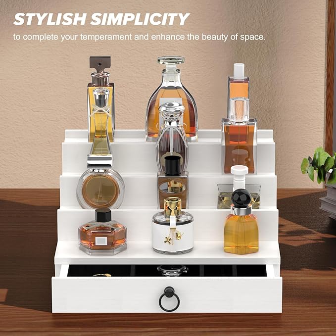 upcessory Cologne Organizer for Men, 4 Tier White Wood Perfume Organizer with Felt Lining Drawer and Hidden Compartment, Perfume Display Holder, A Gift for Men