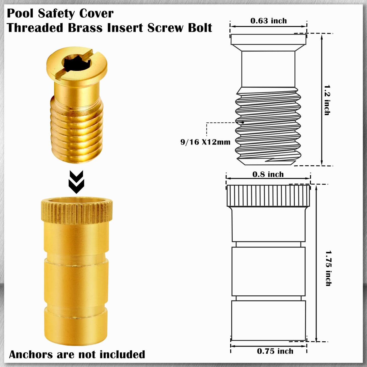 10 Pieces Brass Pool Cover Anchors Screws Pool Safety Cover Anchor Replacement Kit, Heavy Duty Pool Cover Anchors Concrete