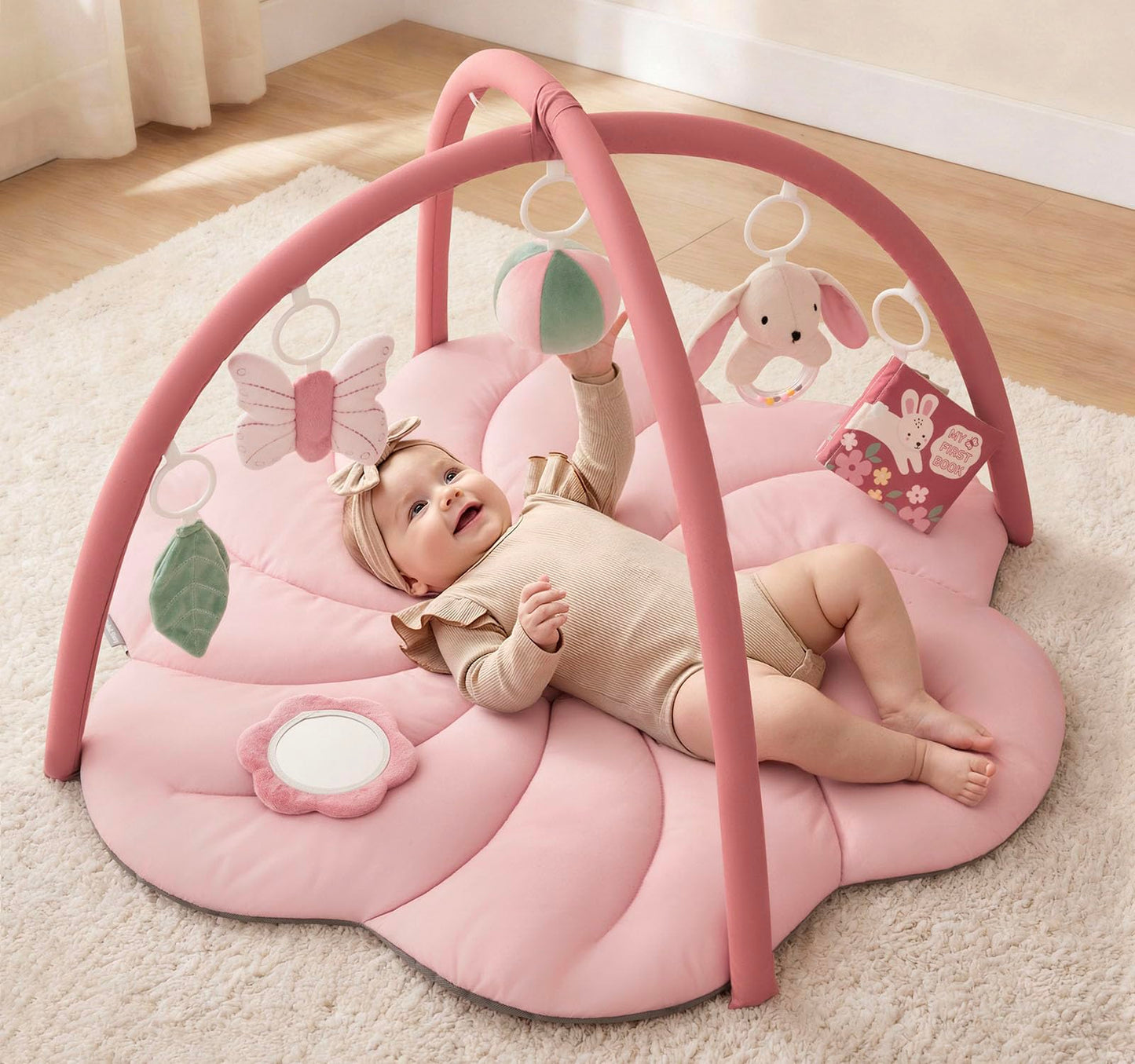 Blissful Diary Baby Play Gym Mat, Tummy Time with 6 Detachable Toys for Sensory & Motor Skill Development, Baby Activity Mat for Girl Boy Newborn Essentials Shower Gift, Pink Floral