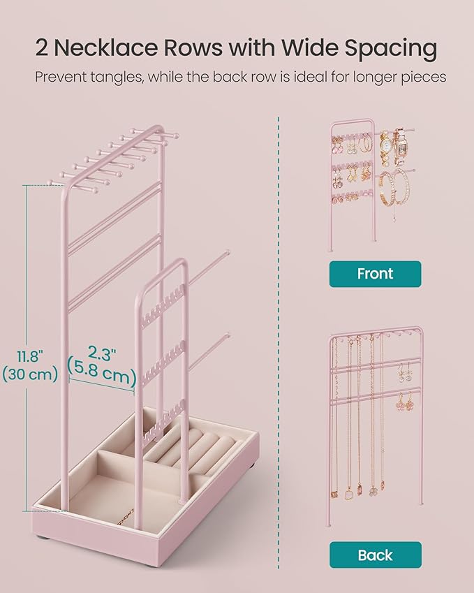 SONGMICS Jewelry Holder, Jewelry Organizer, Jewelry Display Stand with Metal Frame, Velvet Tray, Necklace Earring Bracelet Holder, for Studs, Rings, Gift Idea, Jelly Pink UJJS021R01