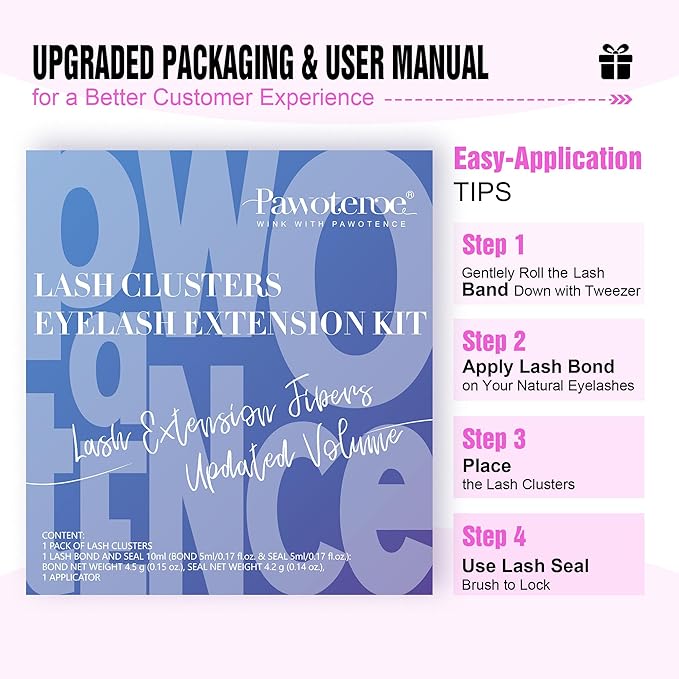 Pawotence Lash Extension Kit DIY 280pcs Individual Lash Clusters Kit 30D Natural 8-15mm Cluster Eyelash Extensions Kit with Lash Bond and Seal, Lash Tweezers for Self Use (30D, 0.07D, 8-15mm, Kit)