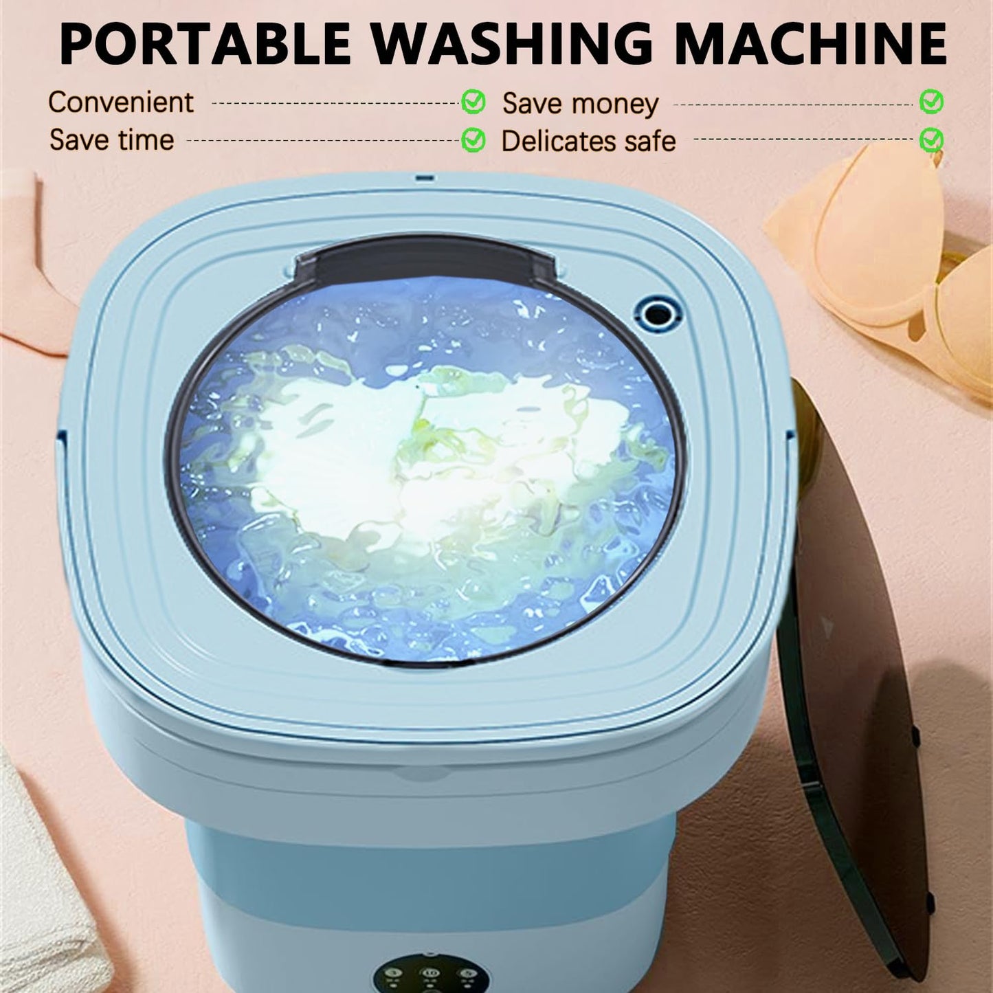 Portable Washing Machine 16L Foldable Mini Washer with Spin Basket, Drying Rack&Drainage Pipe – Compact Collapsible Laundry Set for Small Clothes, Space-Saving Washer for Apartments, Dorms, Travel&RV