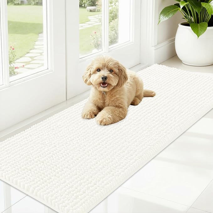 OLANLY Dog Door Mat for Muddy Paws 59x20, Ultra Absorbent Chenille Mud Doormat, Non-Slip Washable and Dirt Trapping Doormat for Indoor Entryway, Quick-Dry Indoor Pet Bed Mats for Dogs, Ivory