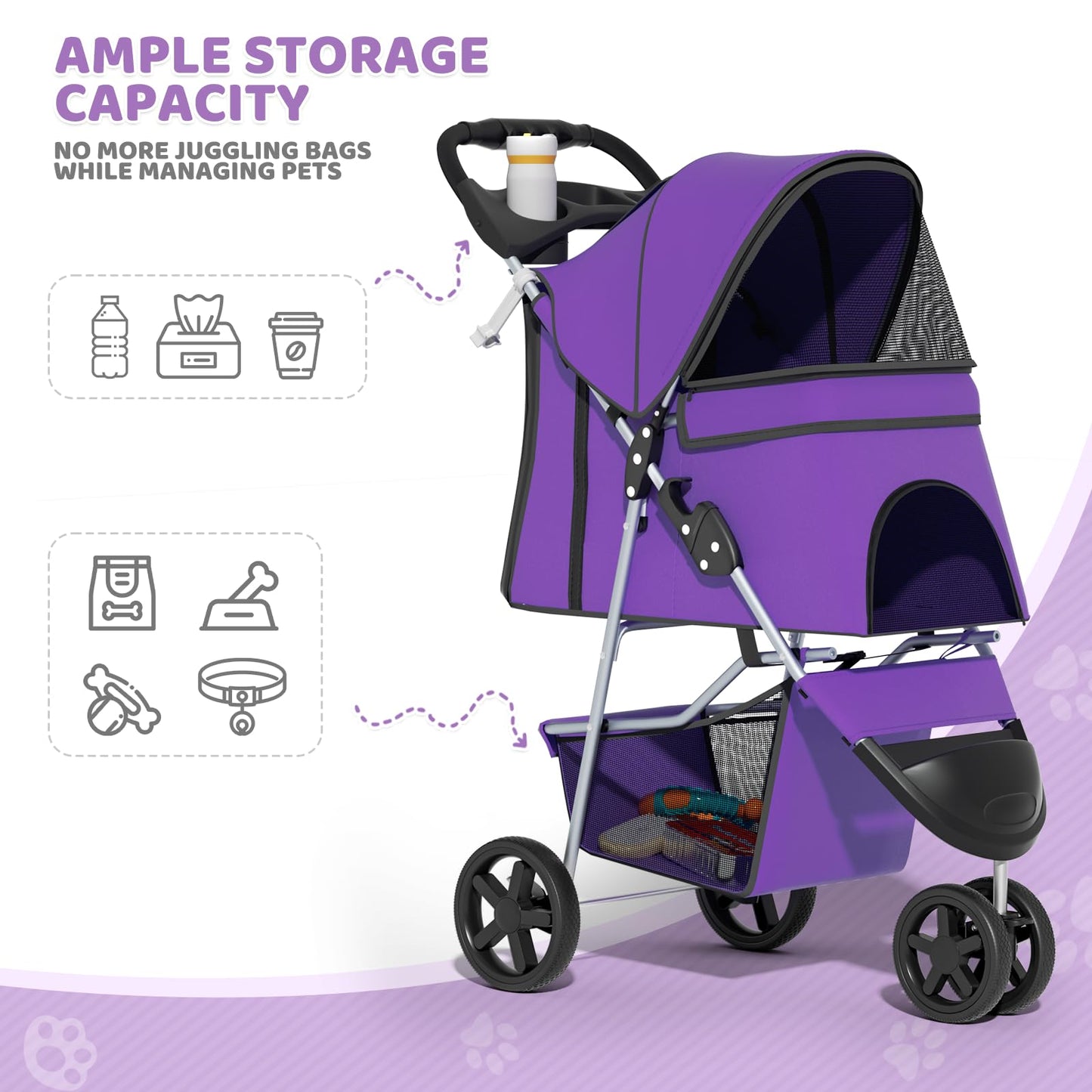 Magshion 3-Wheel Pet Stroller, Foldable Travel Jogger for Small & Medium Dogs & Cats (Up to 33lbs), Lightweight Carrier with Breathable Mesh Cover, Cup Holder & Storage Basket, Purple