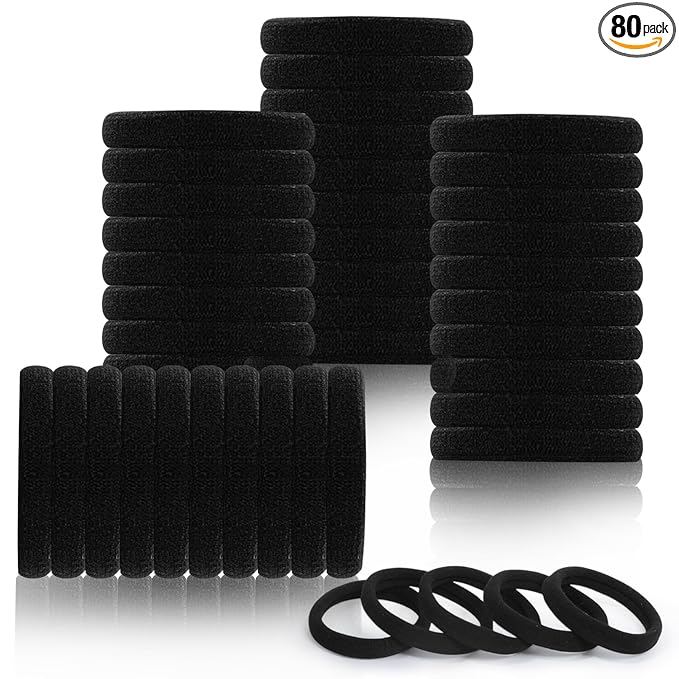 80pcs Black Thick Hair Ties for Women, 2.36 IN Large No Metal Ponytail Holders, Heavy Duty Elastic Hair Bands, Durable No Damage Hair Elastics for Thick & Curly Hair, Strong Hold