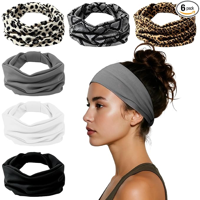 HSEM Knotted Headbands for Women 6-Pack – Wide Soft Elastic Non-Slip Hair Bands – Thick Stretchy Sweat Bands for Washing Face, Makeup, Workout, Running, Spa, Yoga, Fashion, Leopard Print