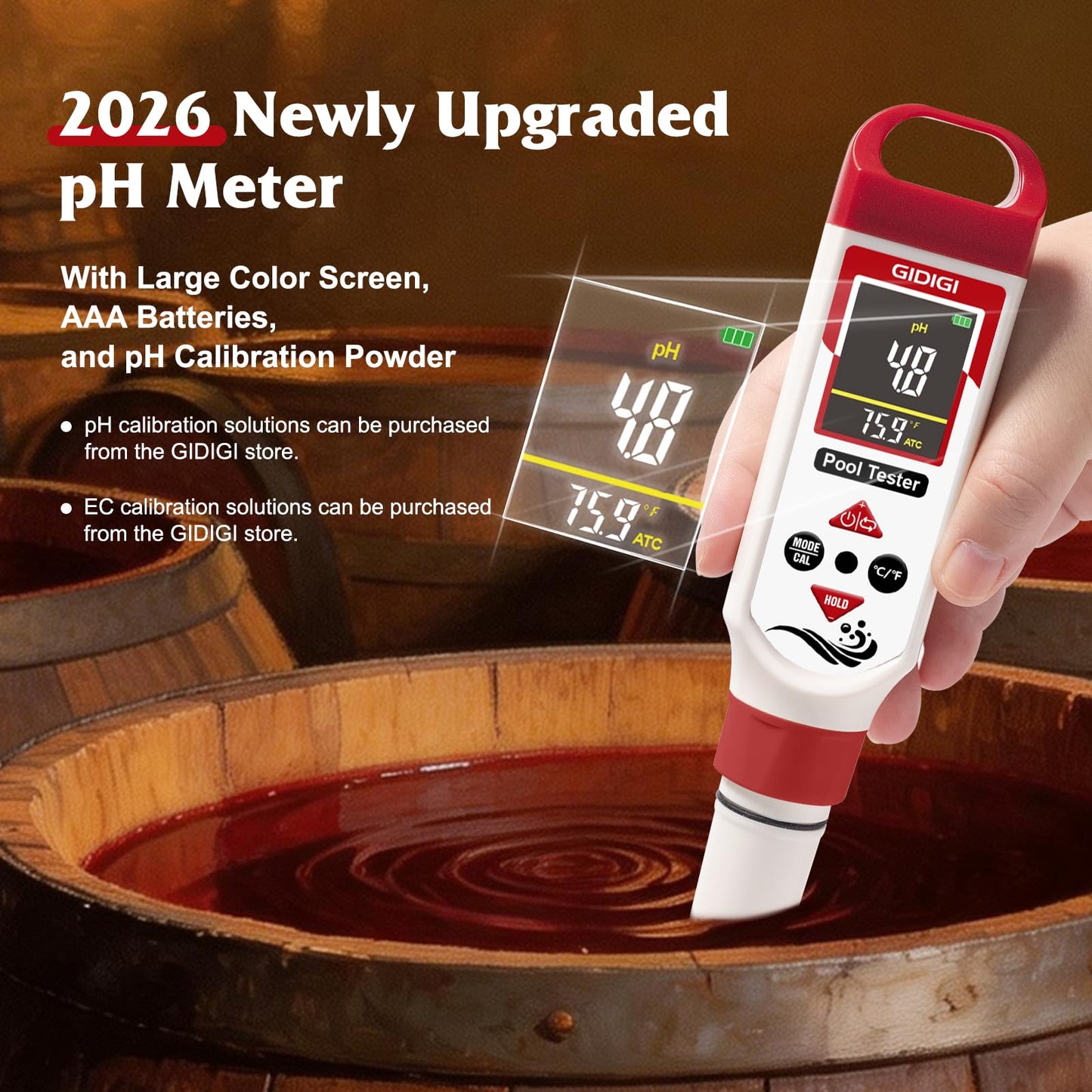 GIDIGI Digital Chlorine Tester Pool Salinity Meter, 7-in-1 pH Meter Test FAC pH Salt ORP TDS EC,Hot Tub Chlorine Meter with Backlit Display Screen for Drinking Water Quality Chlorine Level,Pool Tester