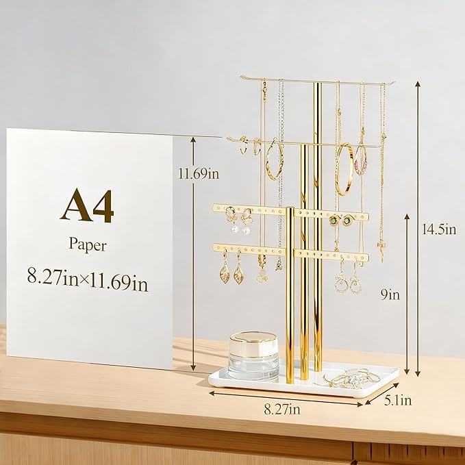pickpiff Jewelry Stand Holder Organizer: 14.5" Sturdy Hanger for 80 Pcs Jewelry, Jewlery Tower for Display Necklace, Earring, Bracelet, Watch, Mirrored Gold
