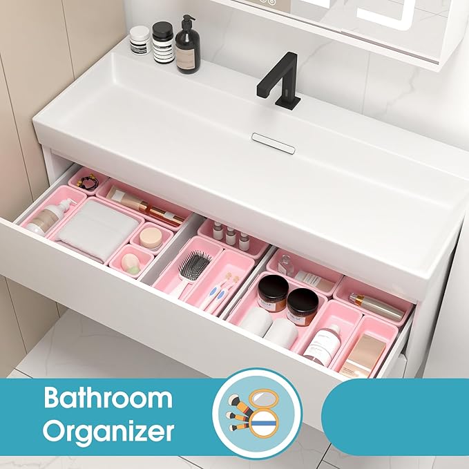 25 PCS Drawer Organizer Set, 4 Size Makeup Drawer Divider Organizer With Non-Slip Pads, Interlocking Plastic Storage Bins for Office,Jewelry Vanity,Gadgets, Bathroom,Kitchen, Pink