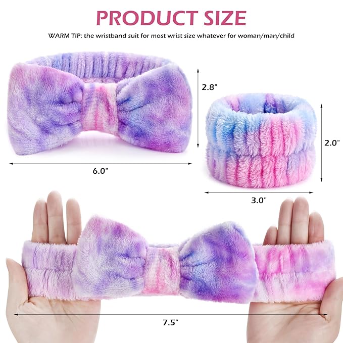 3PCS Spa Headband and Wristbands Set for Women, Soft Microfiber Face Wash Headband with Cute Bow, Elastic Absorbent Wrist Towels, Makeup Skincare Accessories for Facial, Shower, Yoga