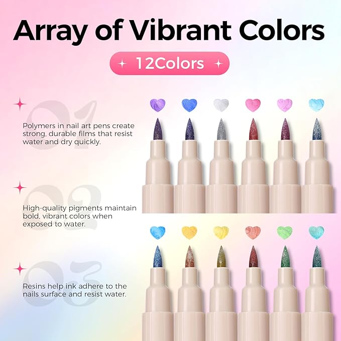 12 Metallic Colors Nail Art Pens Set, 3D Nail Polish Pens Quick-Drying Acrylic Paint Markers, Dotting Liner Brush for DIY Nail Design, Home & Salon Manicure Tools, MarkerPen