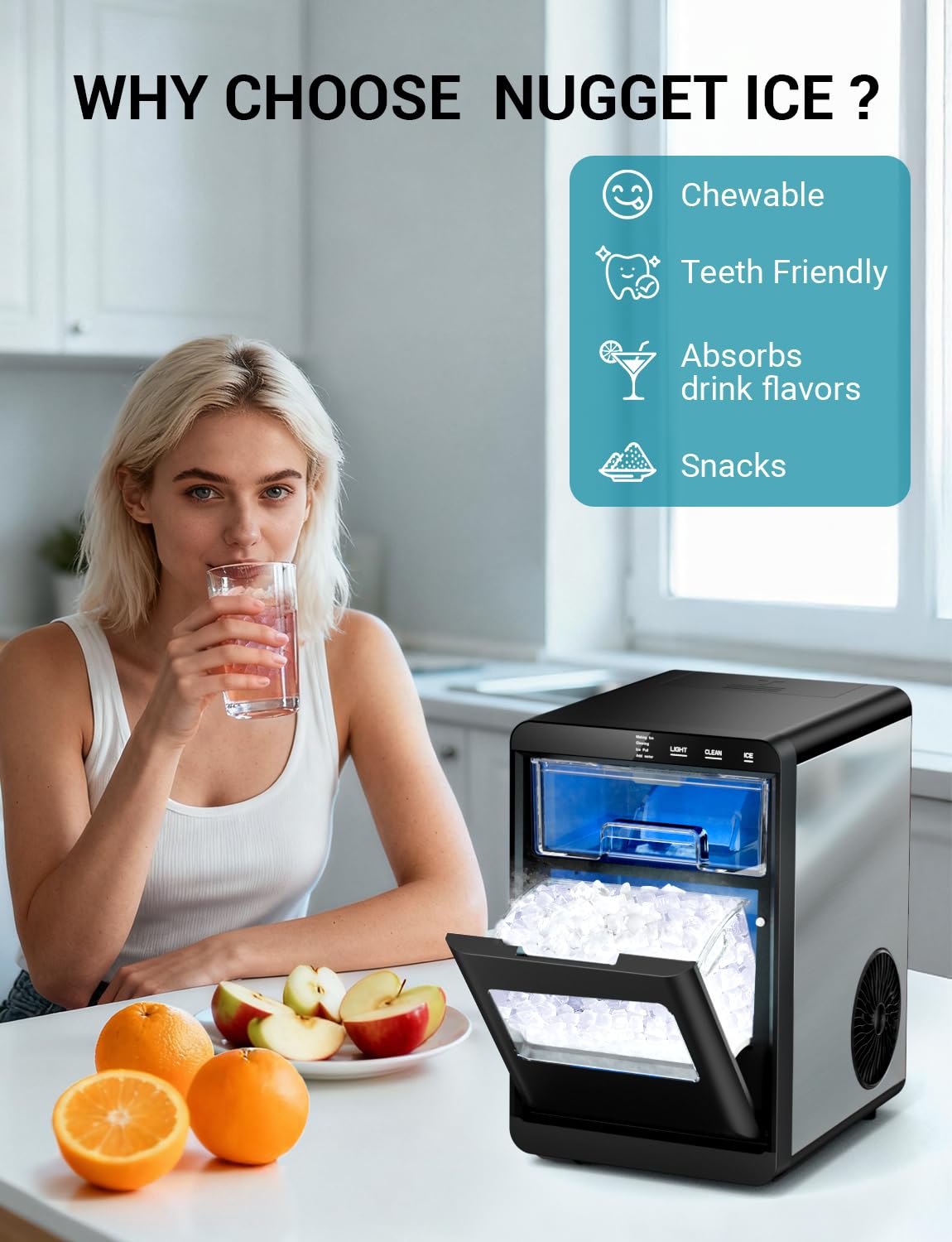 Nugget Ice Maker Countertop,Pebble Ice Machine, 5-10 Mins Fast Ice Making, Self-Cleaning, Portable for Home, Outdoor, Camping, Hospital, RV (28lbs)