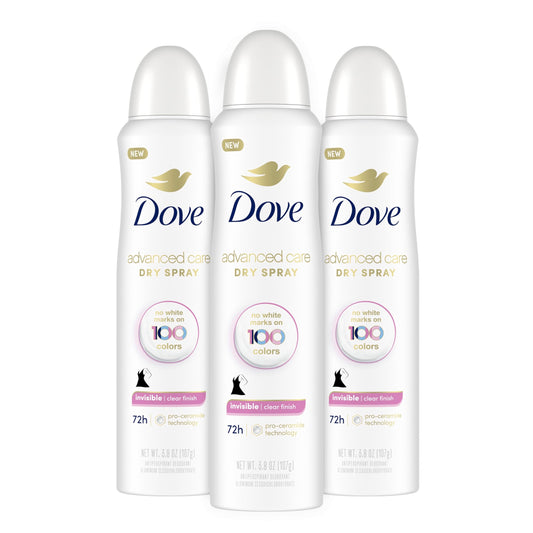 Dove Advanced Care Antiperspirant Deodorant Spray Clear Finish 3 Count Invisible antiperspirant Deodorant Tested on 100 colors 72-Hour Odor and Sweat Protection with Pro-Ceramide Technology 3.8 oz