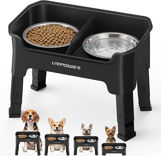 URPOWER Mess Proof Elevated Dog Bowls 4 Height Adjustable Raised Bowl Stand with 2 Stainless Steel Dog Bowls Non-Slip Food and Water Bowl Set for Small and Medium Dogs