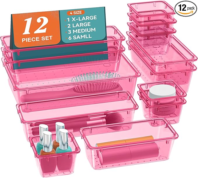 12 PCS Drawer Organizer Set, 4 Sizes Tool Storage Trays, Clear Plastic Makeup Vanity Organizer and Storage Bins for Stationeries, Multiple Gadgets for Office, Bedroom, Pink